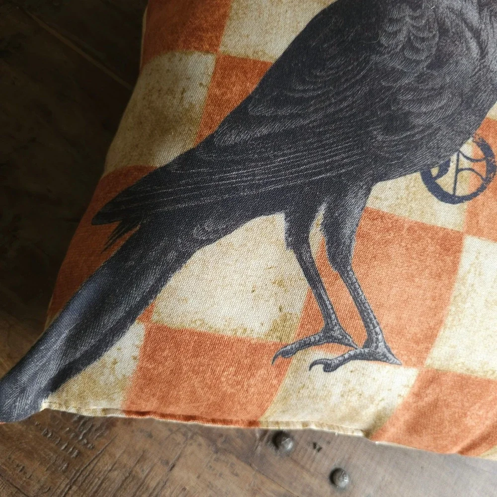 Pottery Barn Halloween Crow Raven October 31 Checkered Pillow 20